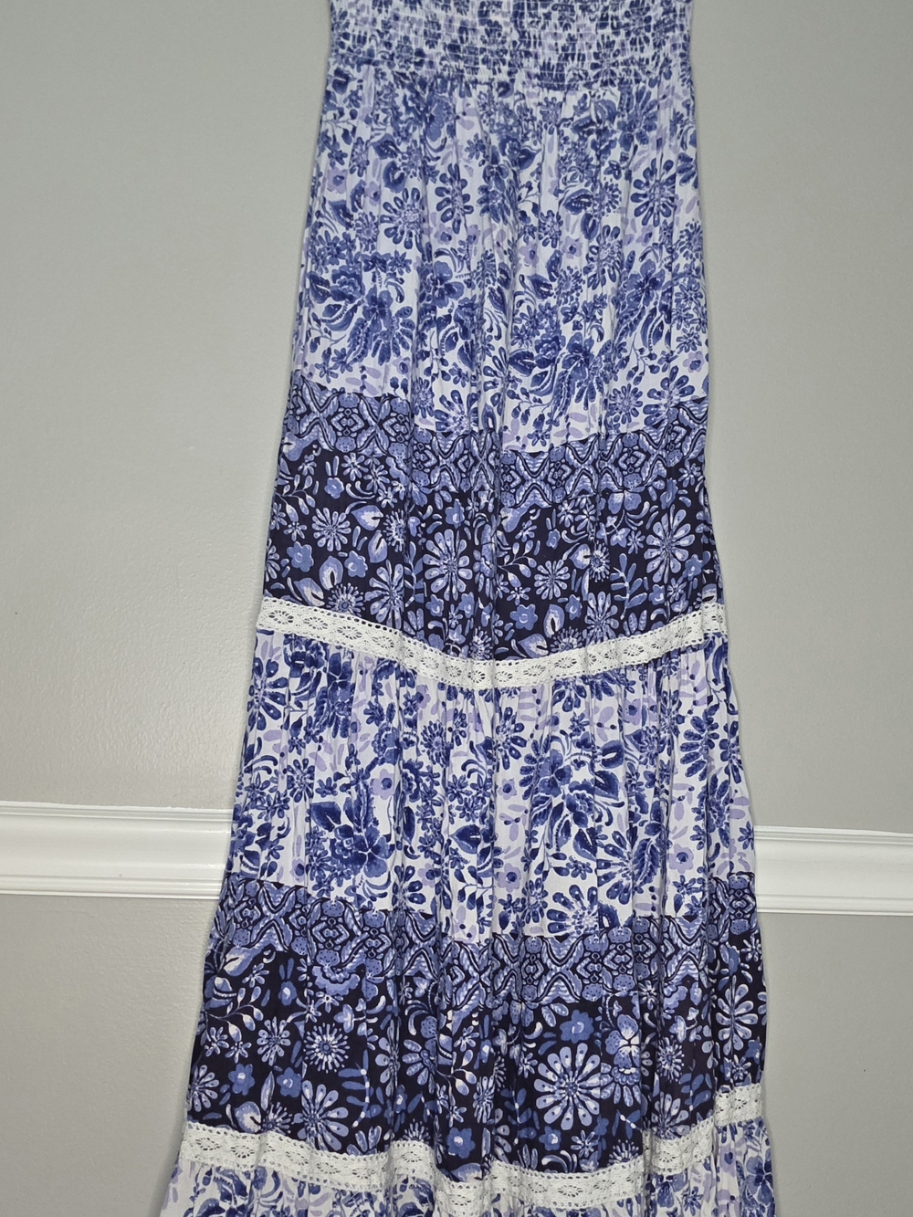 Angie Blue Floral Tiered Maxi Skirt with Lace Trim